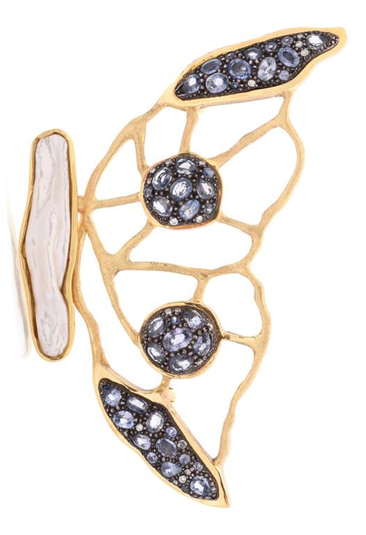 18k yellow gold butterfly pendant brooch with sapphire and pearl