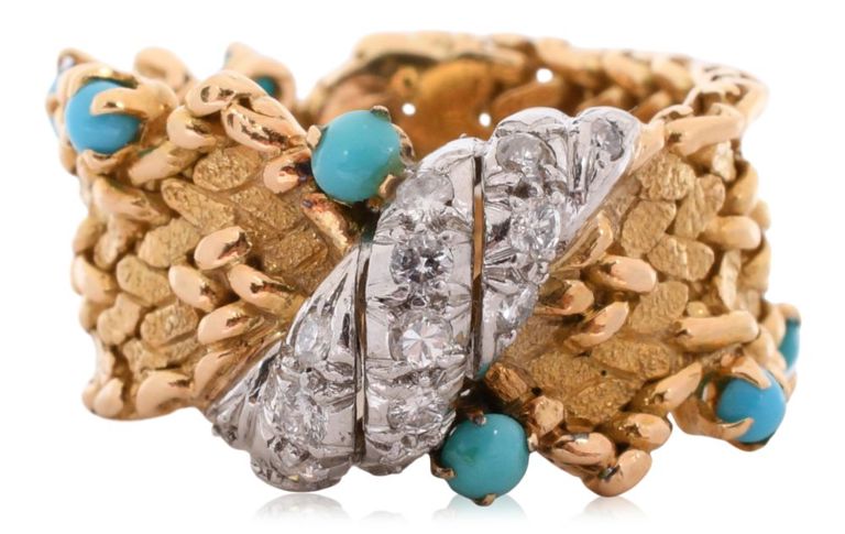 18k yellow gold ring with diamond and turquoise