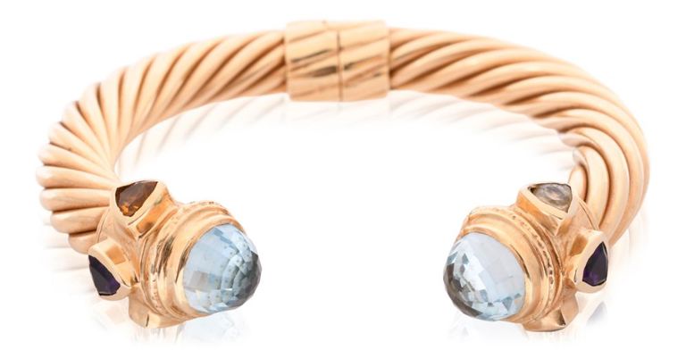 14k yellow gold cuff bracelet with gemstone