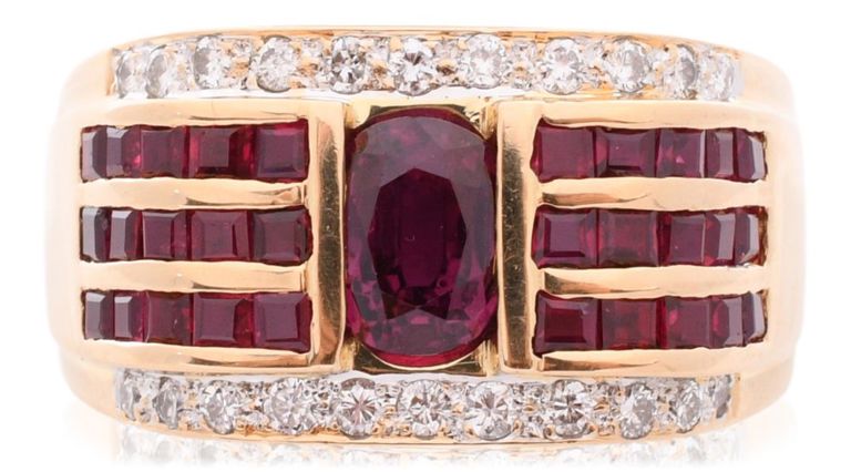 18k yellow gold gentleman's ring with diamond and ruby