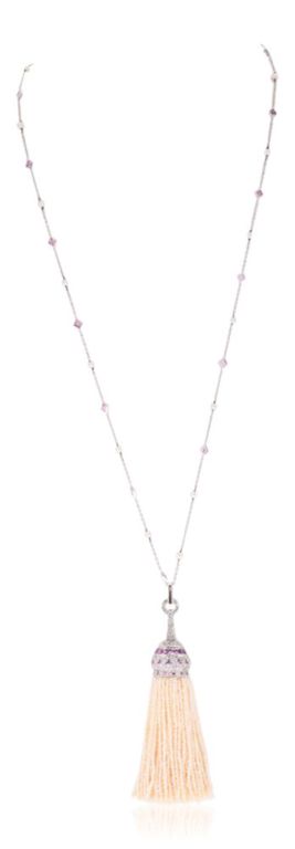 18k white gold seed pearl, diamond and pink sapphire sautoir with matching earrings