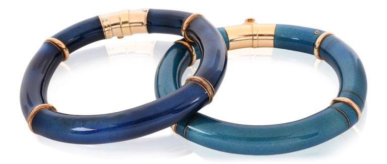 Pair of 18k yellow gold blue enamel La Nouvelle Bague bracelets