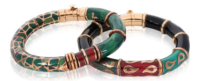 Pair of 18k yellow gold patterned enamel La Nouvelle Bague bracelets