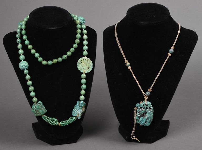 Two Chinese turquoise necklaces with carved pendants