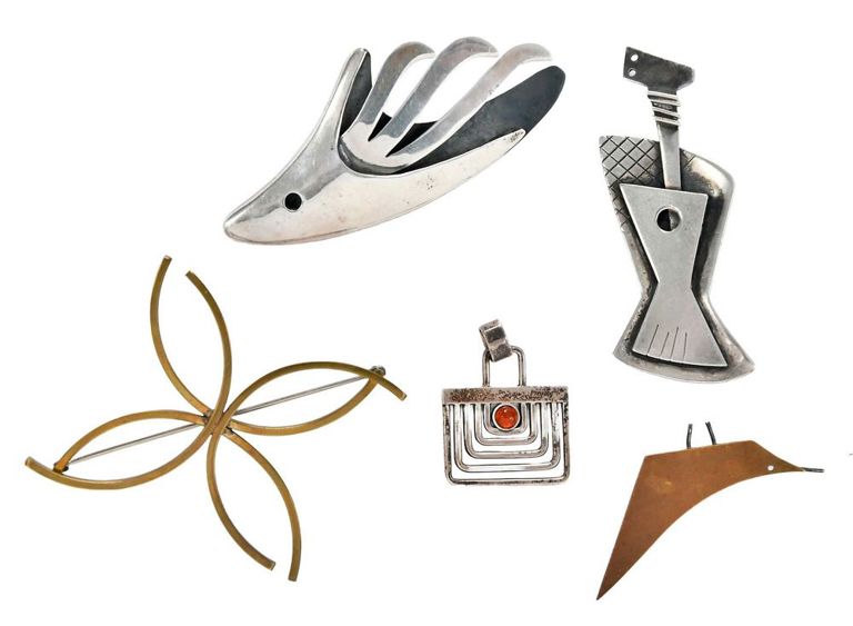 Modernist sterling silver brooches and pendant