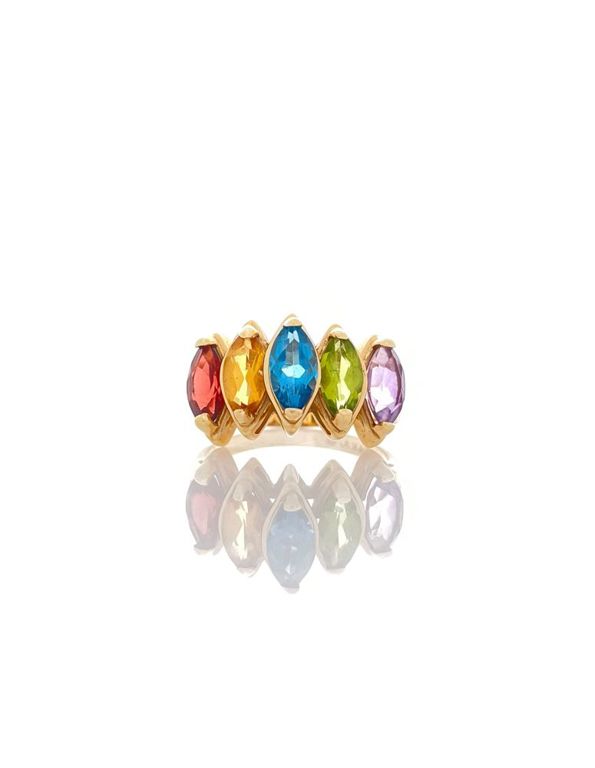 14k yellow gold multicolor gemstone cathedral ring