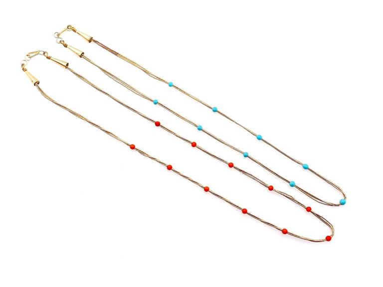 2pc Southwestern 14k yellow liquid gold 3 strand turquoise and coral necklaces