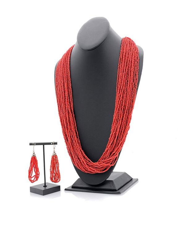 3pc Southwestern coral 30 strand necklace and earrings set