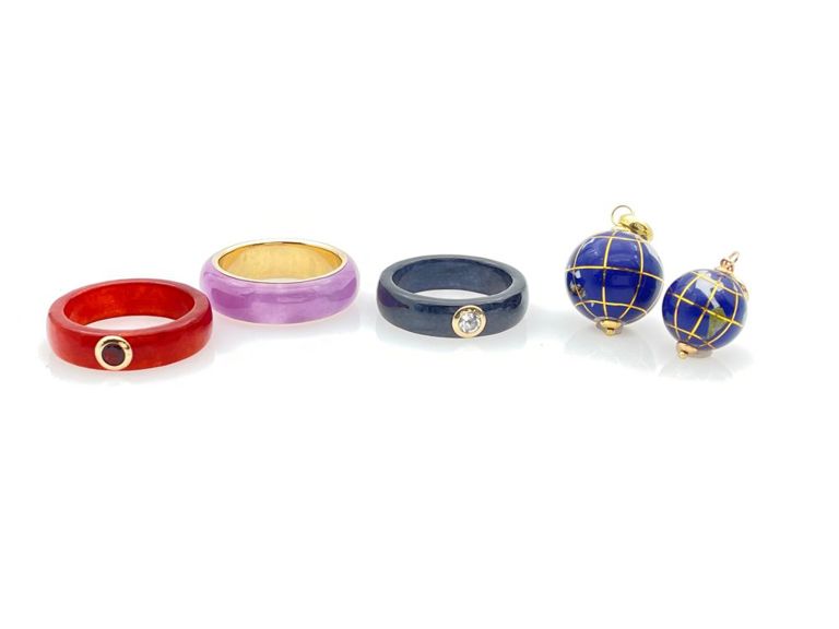 5pc 14k yellow gold jade gemstone enamel jewelry set