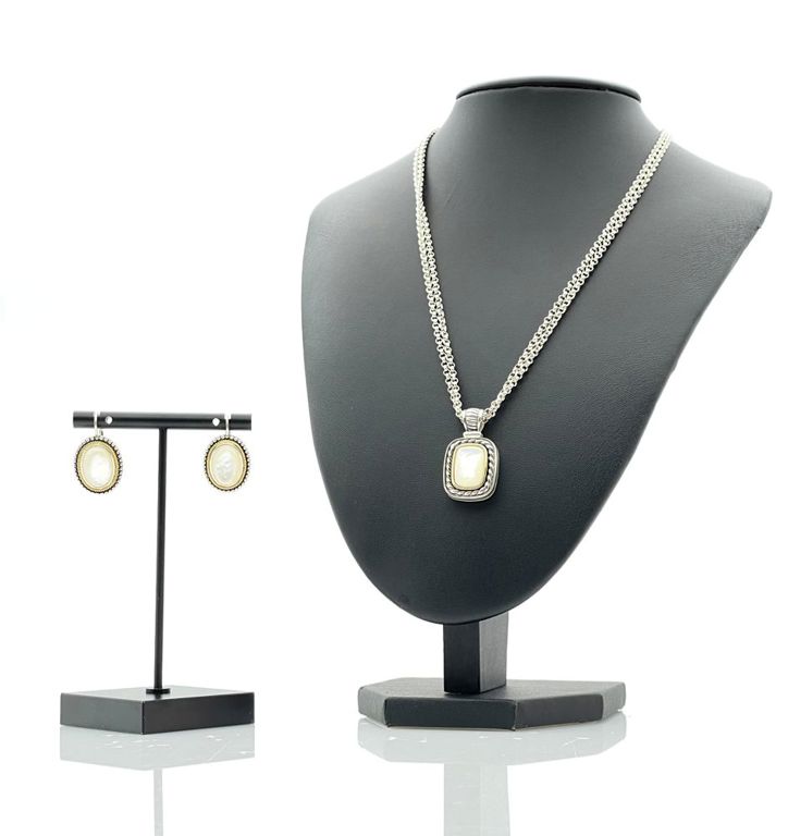 Sterling silver mother of pearl double strand pendant necklace and earrings