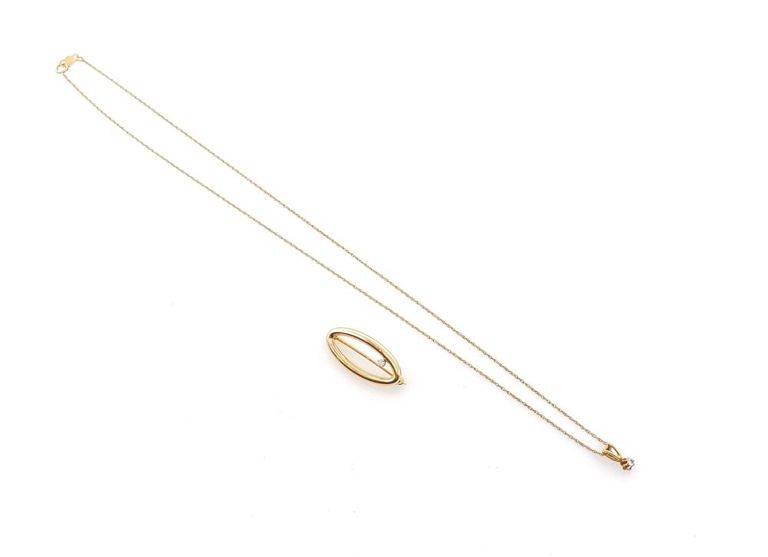 14k yellow gold diamond pendant necklace and brooch