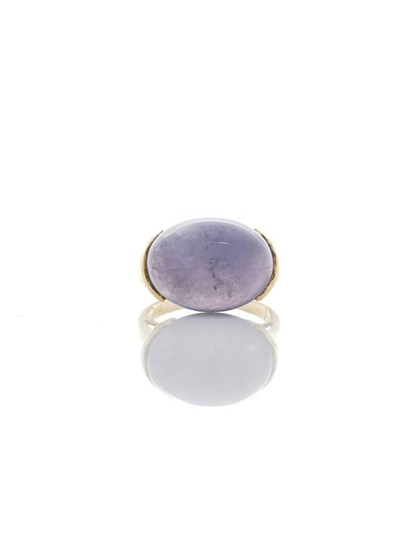 14k yellow gold lavender jade cabochon ring