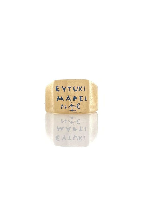 14k yellow gold Greek inscribed signet ring