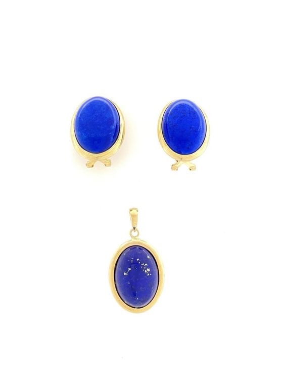 14k yellow gold lapis pendant and earrings