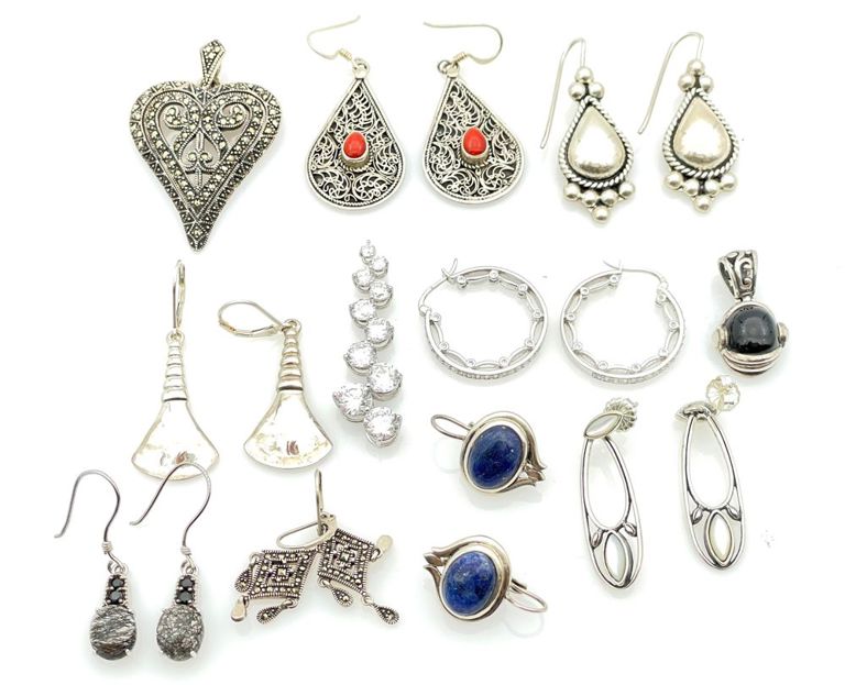 Assorted sterling silver gemstone earrings and pendants