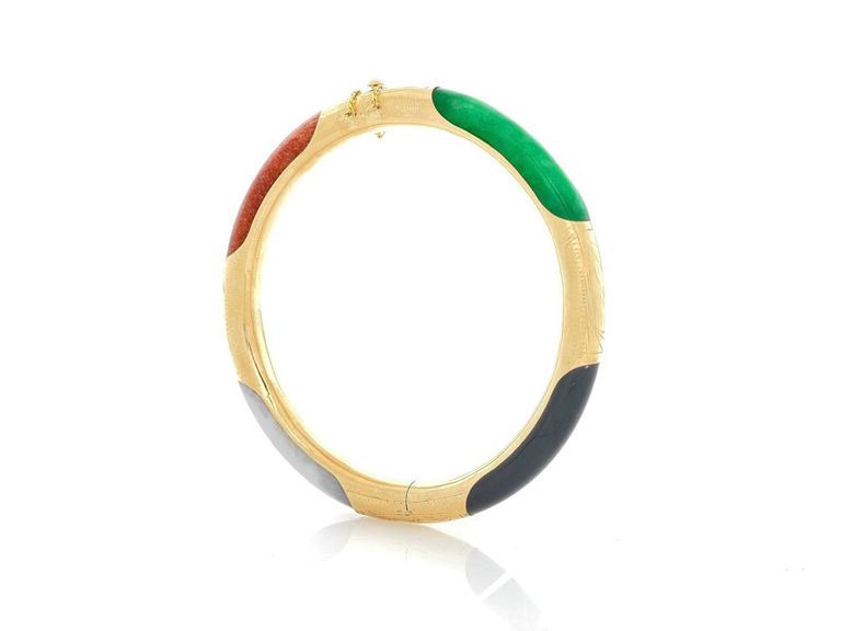 14k yellow gold multicolor jade hinged bracelet