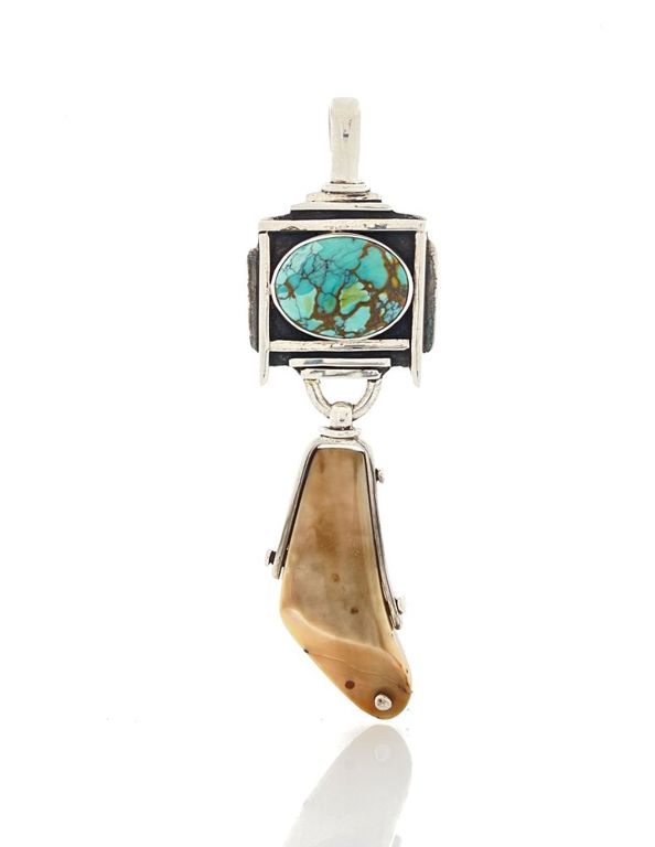 Sterling silver turquoise fossilized walrus bone pendant