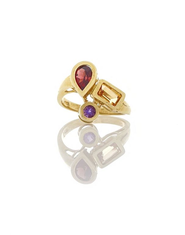 14k yellow gold garnet, citrine, and amethyst ring