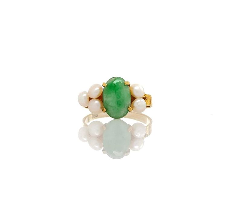 14k yellow gold jadeite pearl ring