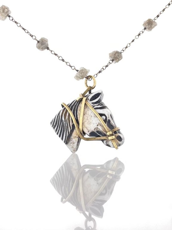 14k yellow gold raw diamond resin horse head pendant necklace