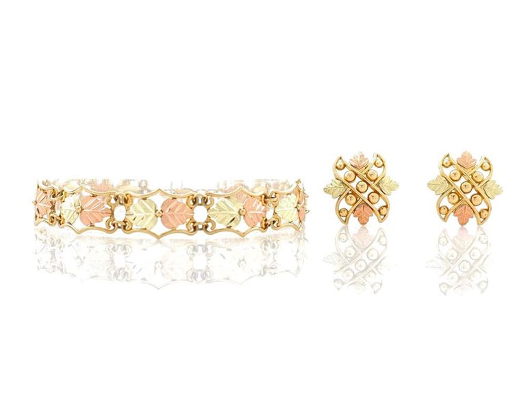 10k Black Hills tri-color gold bracelet and earrings set