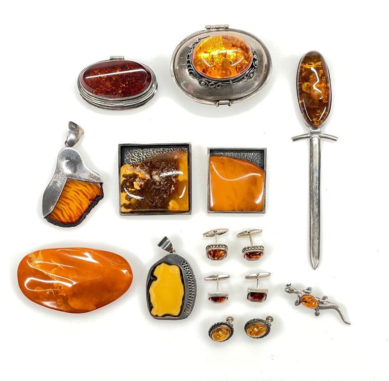 Vintage sterling silver amber jewelry lot