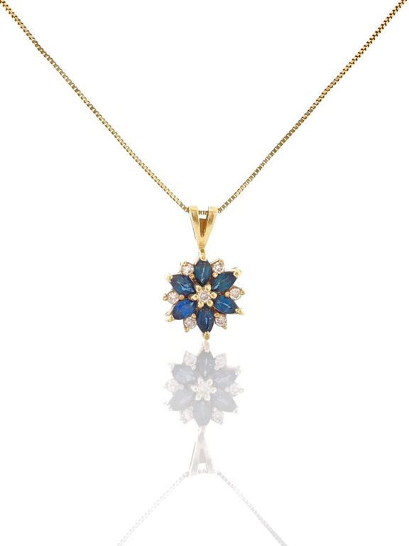 14k yellow gold diamond sapphire floral pendant necklace