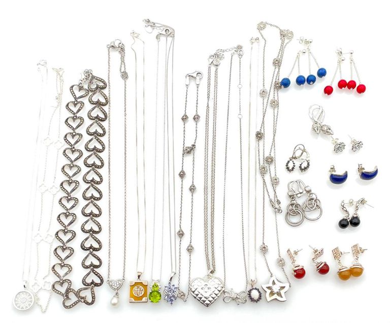 31pc assorted sterling silver gemstone pendant necklaces and earrings