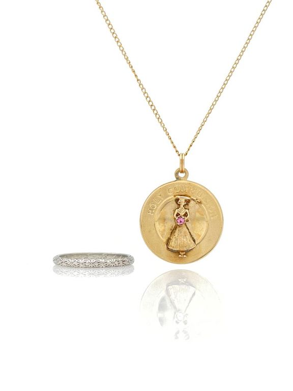 Platinum and 14k gold ring and pink tourmaline pendant necklace