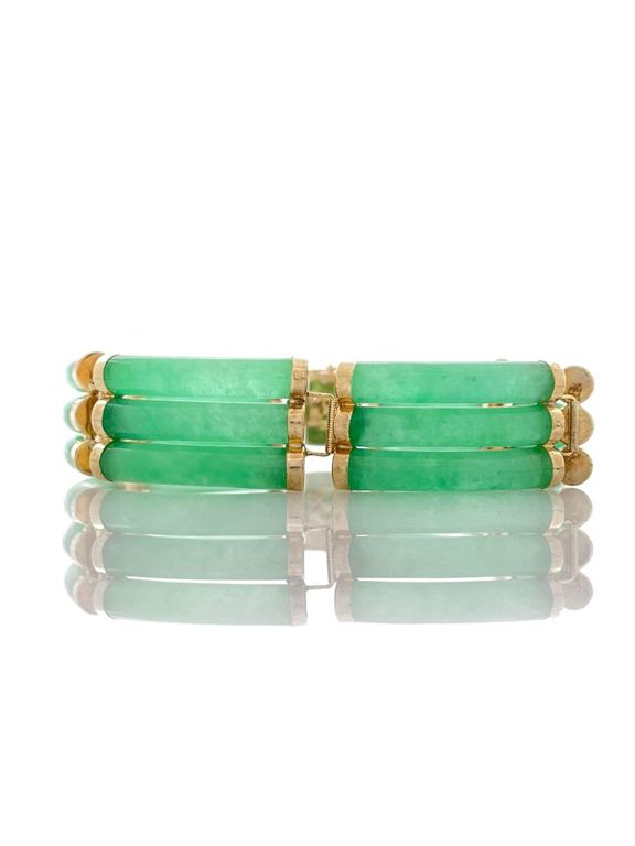 14K YELLOW GOLD 3 ROW JADE LINK BRACELET