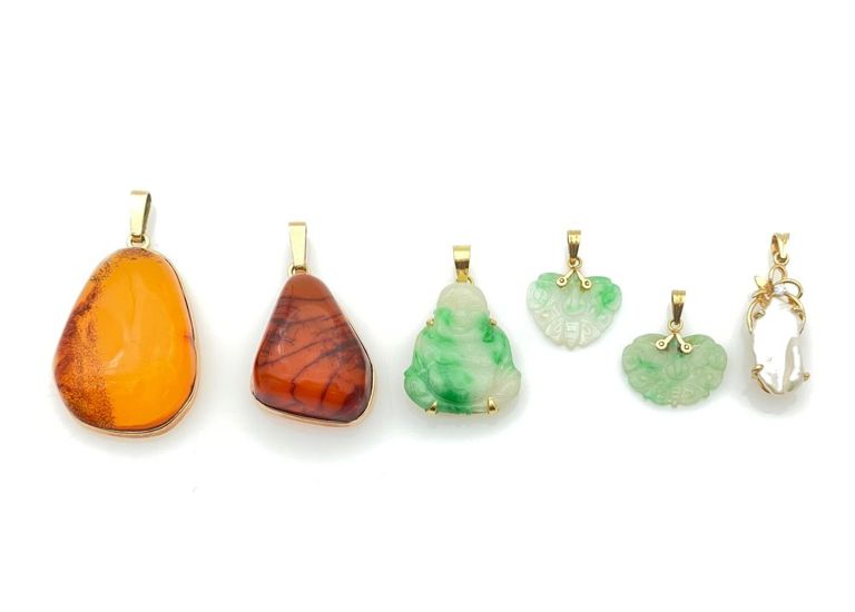 14k and 18k yellow gold amber, jade, pearl and diamond pendants