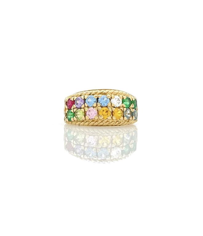 10k yellow gold multicolor lab sapphire and emerald ring