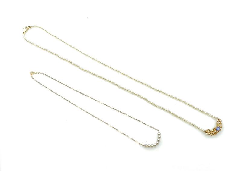 2pc 14k yellow gold pearl and tourmaline necklaces