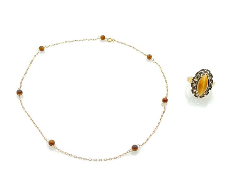 2pc 10k and 14k yellow gold tiger's eye station necklace and ring