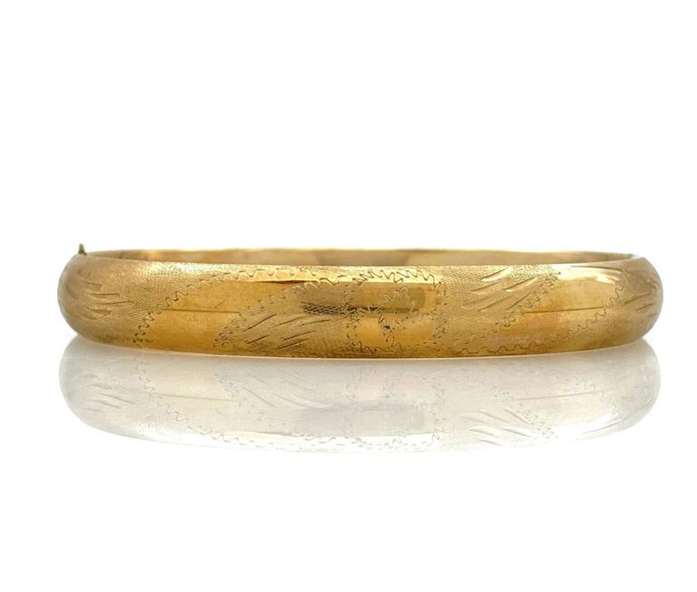 14k yellow gold hollow etched hinged bracelet