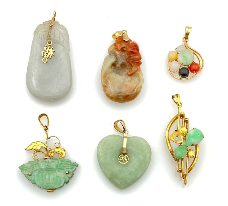 6pc 14k and 18k yellow gold jade pendants