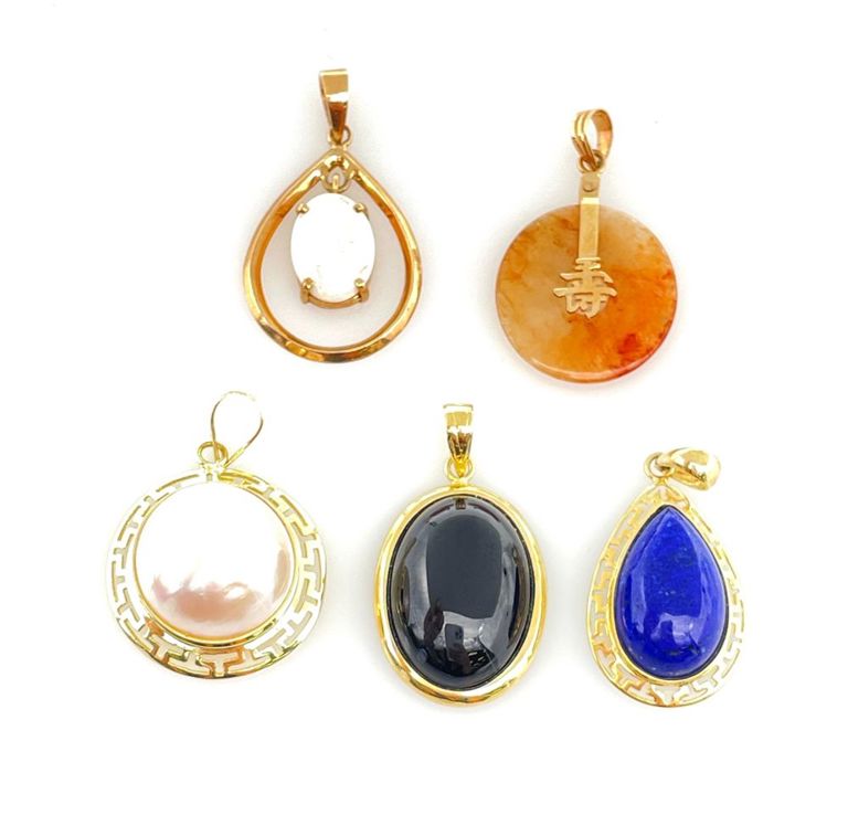 5PC 14K YELLOW GOLD GEMSTONE PENDANTS