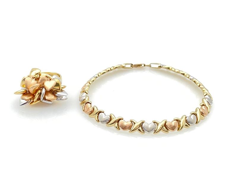 2pc 14k and 18k tri-color gold heart bracelet and ring