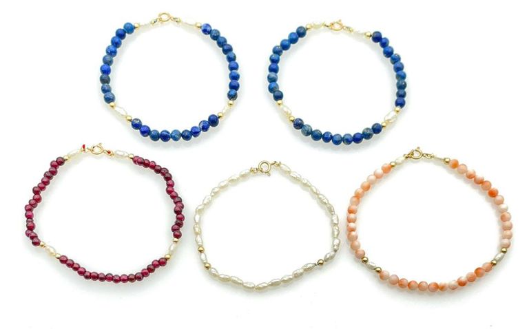 14k yellow gold lapis, garnet, angel skin coral and pearl bracelets