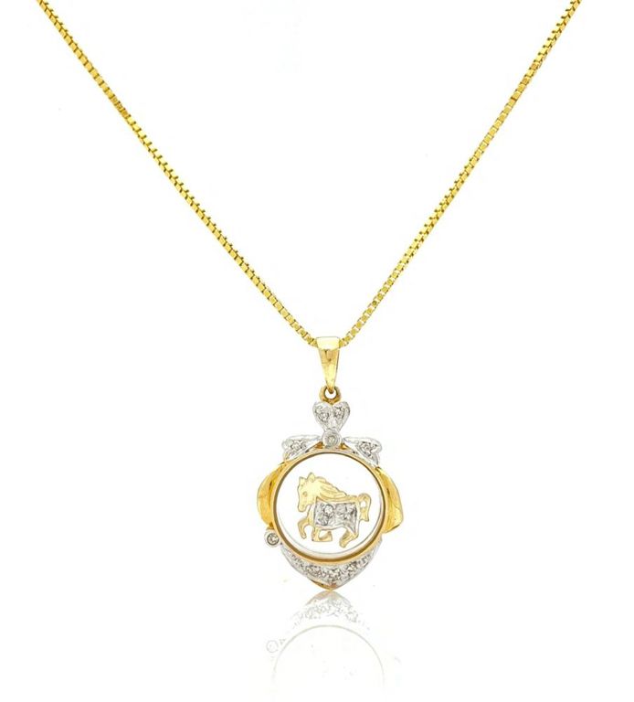 10k and 18k gold diamond spinning horse pendant necklace