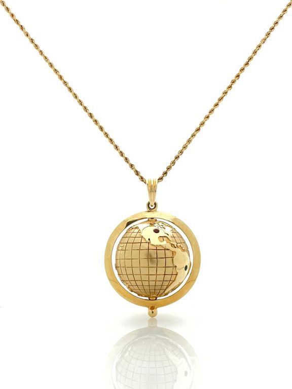 14k yellow gold multicolor gemstone spinning globe pendant necklace