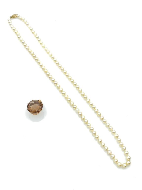 2pc 10k and 14k gold pearl necklace with smoky quartz pendant