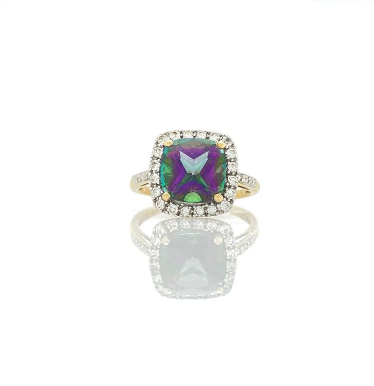 10k yellow gold ring with mystic topaz and diamond halo