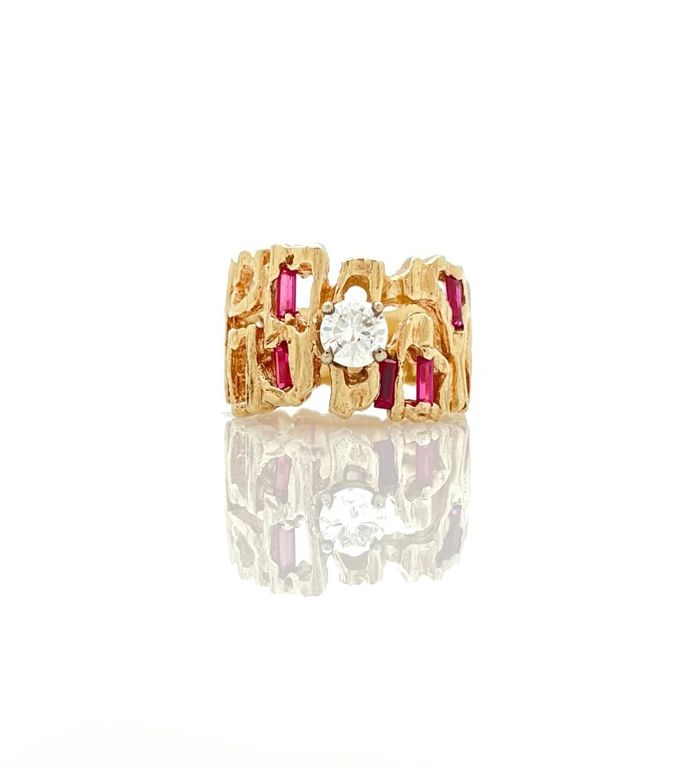 14k yellow gold diamond ruby brutalist ring