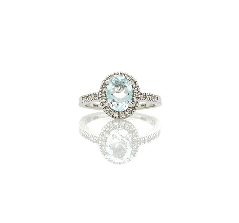 14k white gold aquamarine and diamond halo ring