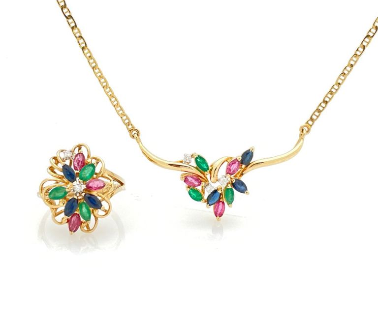 14k yellow gold sapphire emerald diamond necklace and ring
