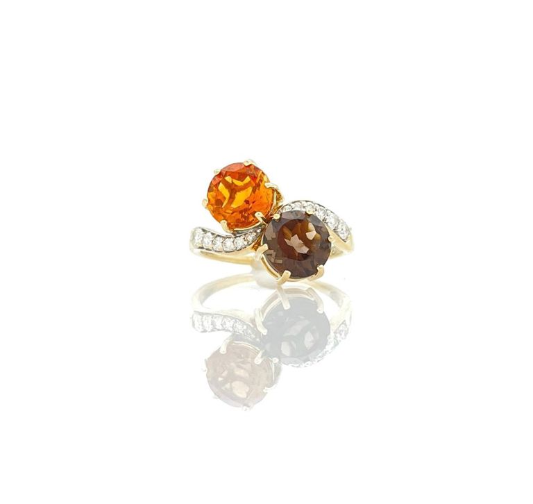 14k yellow gold smoky quartz, citrine and diamond ring