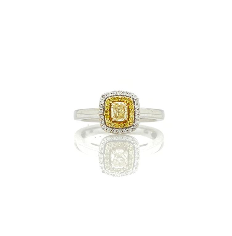 14k white gold yellow and white diamond halo ring