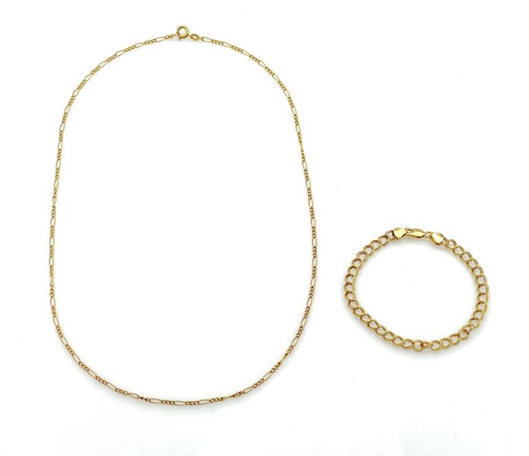 14k gold Figaro necklace with double circle link bracelet