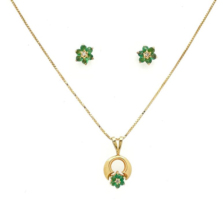 14k gold emerald diamond floral necklace and earrings